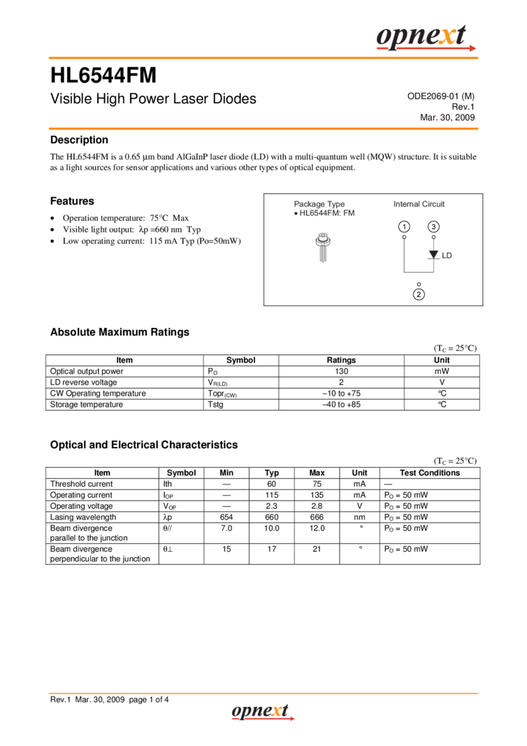 Laser Diode, 660nm, 50mW, TO-can