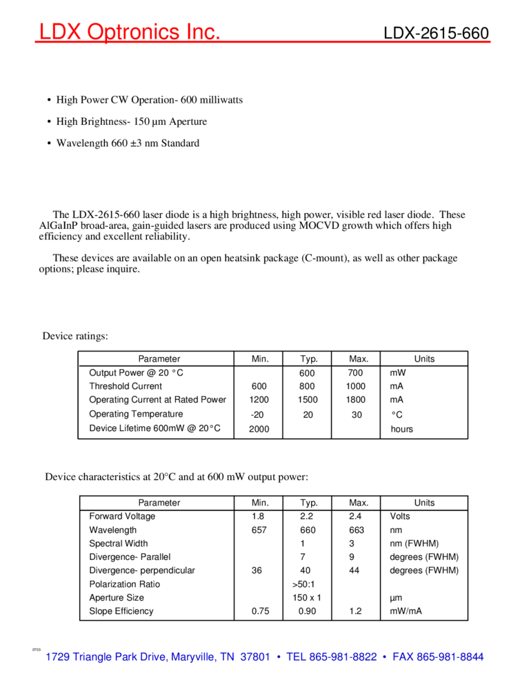 600mW High Power Red Laser Diode