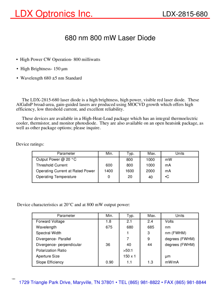 Semiconductor Laser 680nm, 800mW,