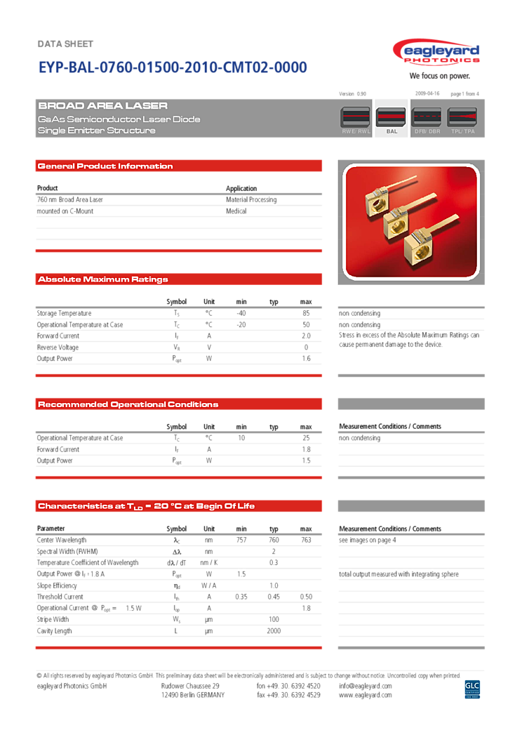 760nm Laser, Broad Area Laser Diode