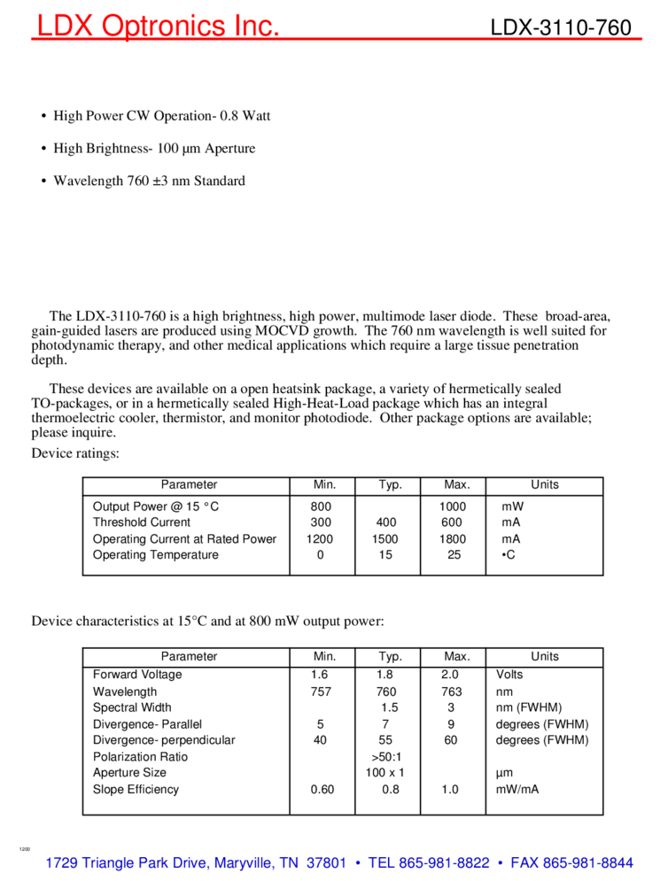 Laser Diode | 760nm, 800mW, HHL