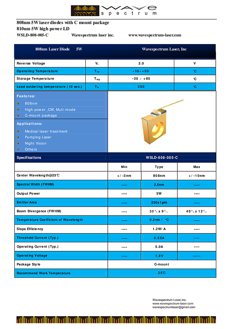 808nm Laser Diode, 5Watt COC