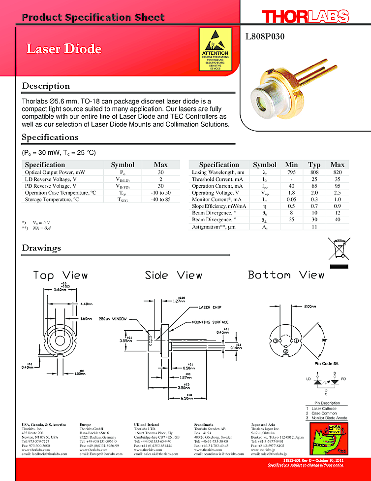 TO-can Laser Diode, 808nm, 30mW