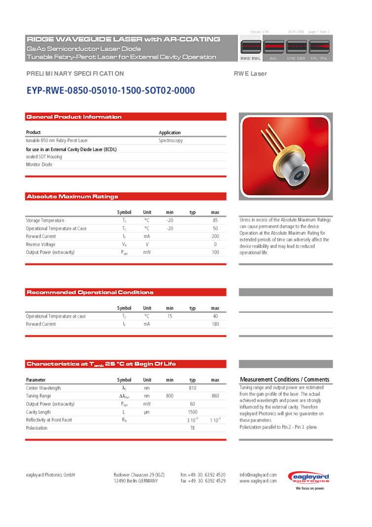 850nm Laser Diode, 100mW