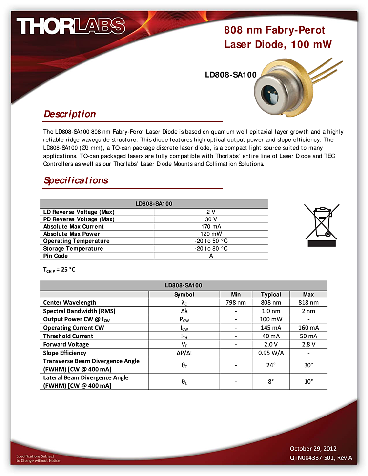 100 mW IR Laser, 808nm, TO-can