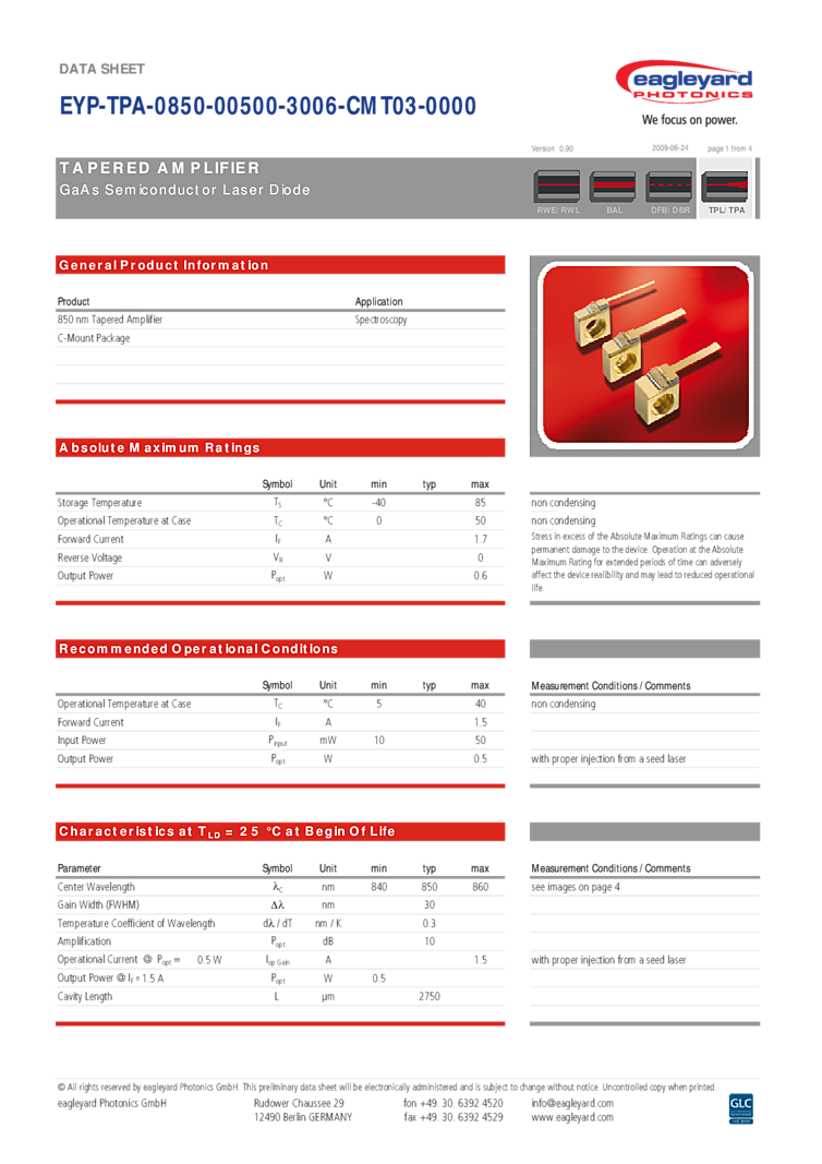 850nm, 2W Tapered Amplifier