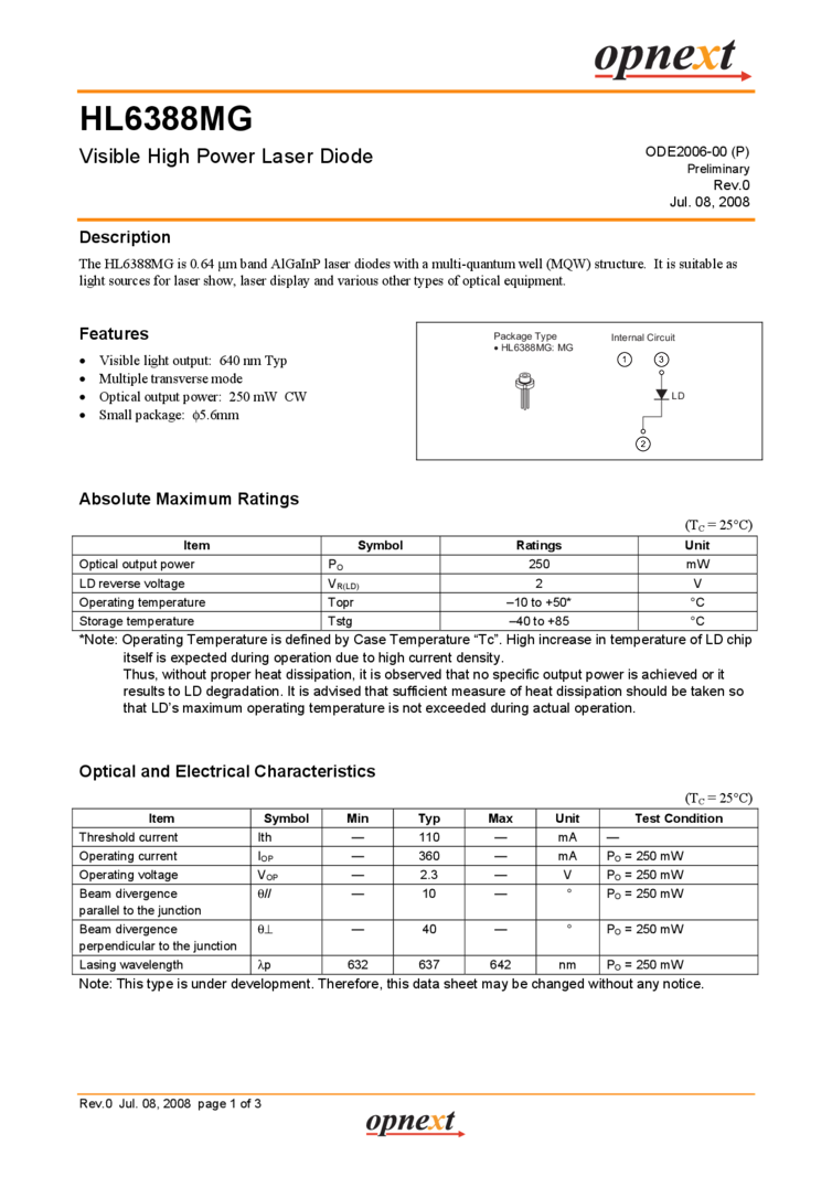 650nm | Opnext Laser Diode