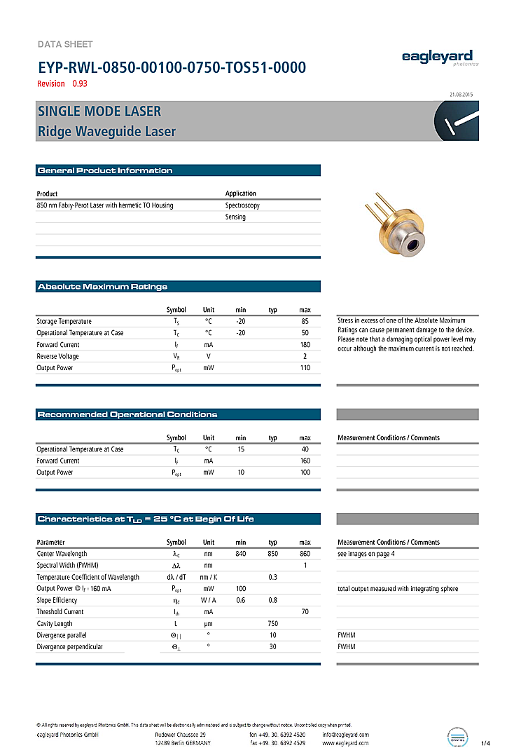 850nm Laser Diode, 100mW