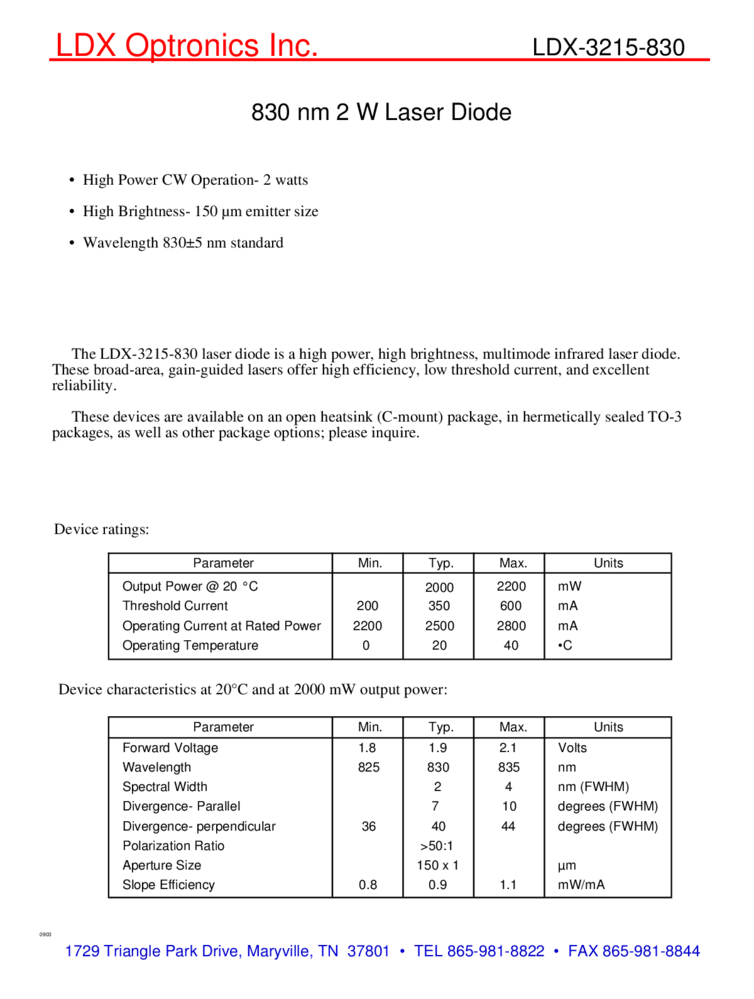830nm, 2W multimode laser