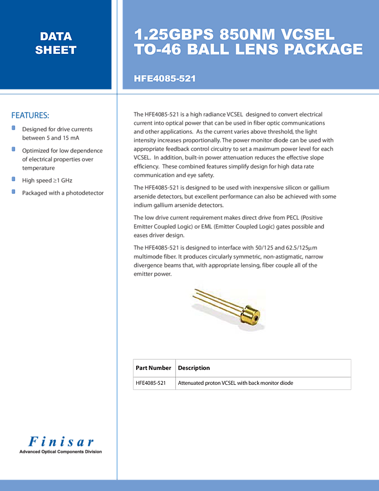 850nm VCSEL, 1.25Gbps
