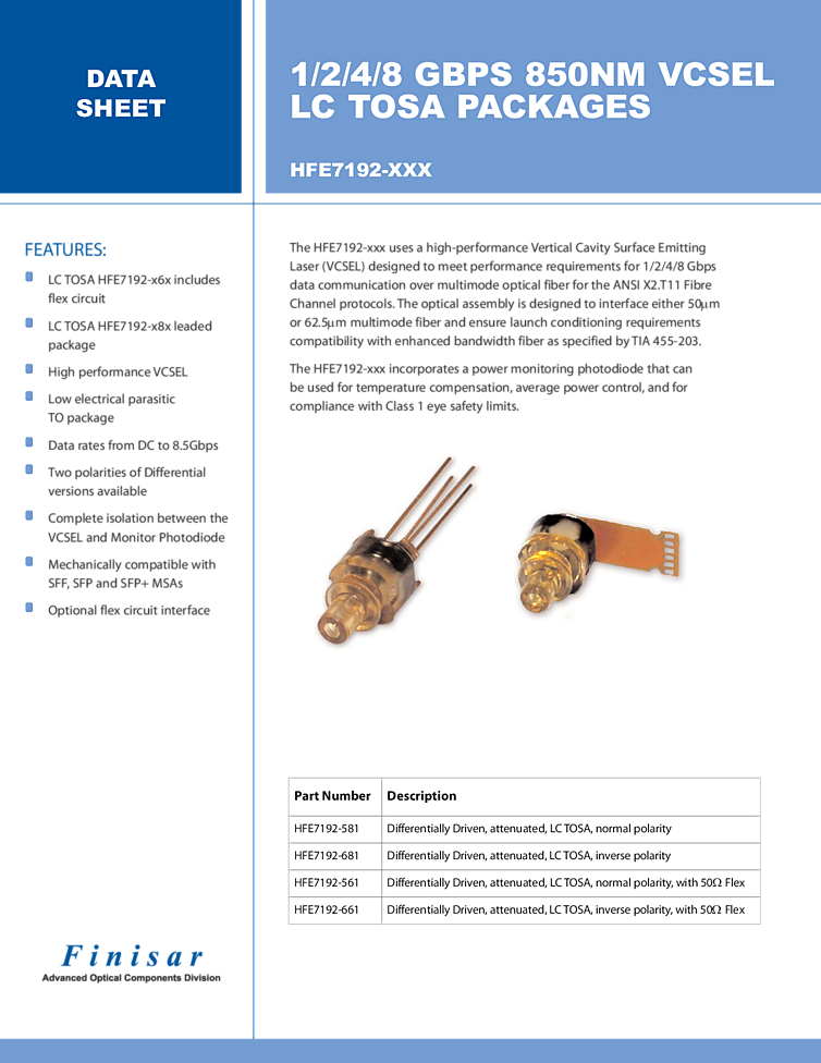 VCSEL, 1 to 8 Gbps, 850nm