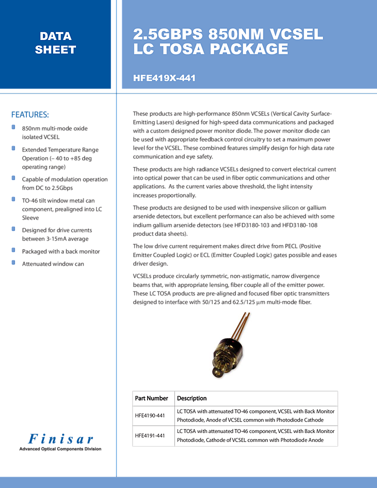 VCSEL Laser, TOSA, 850nm