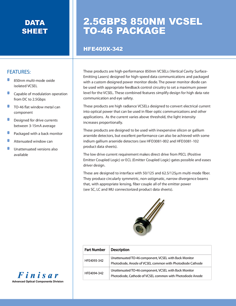 2mW VCSEL, 2.5Gpbs, 850nm