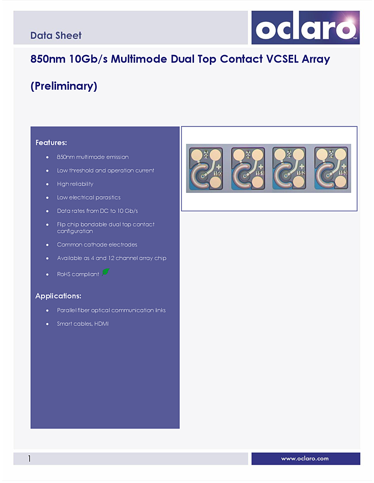 850nm VCSEL array, 10Gbps
