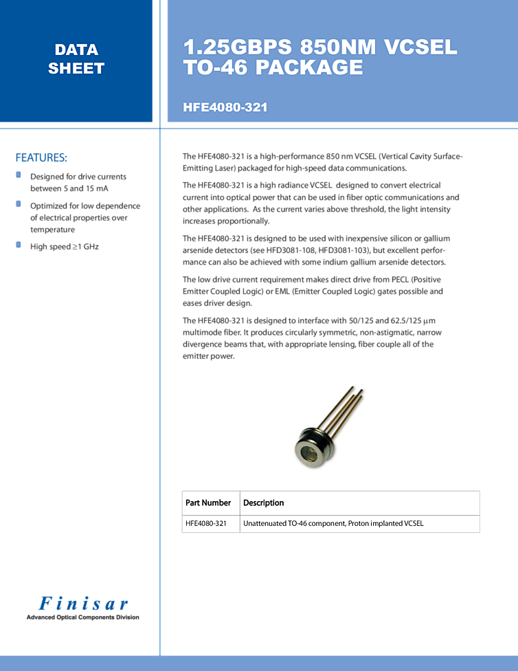 VCSEL laser, 850nm 1.25Gbps