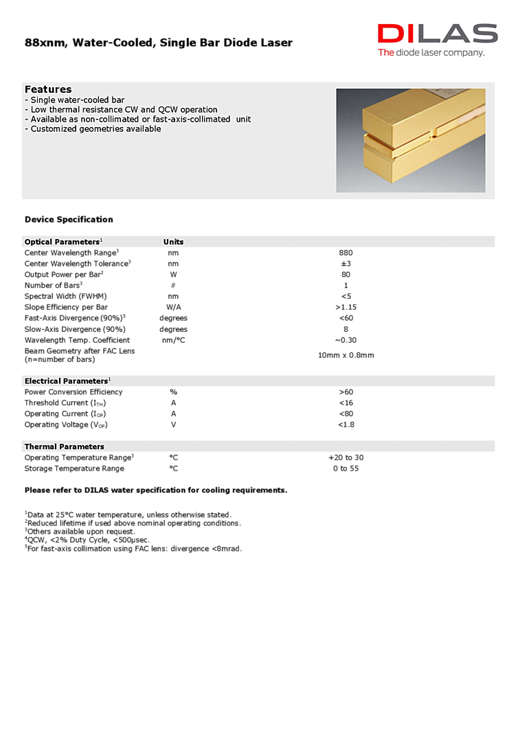Diode Laser Bar, 80Watt, 880nm