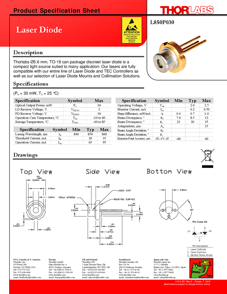 850nm Laser, 30mW, Thorlabs