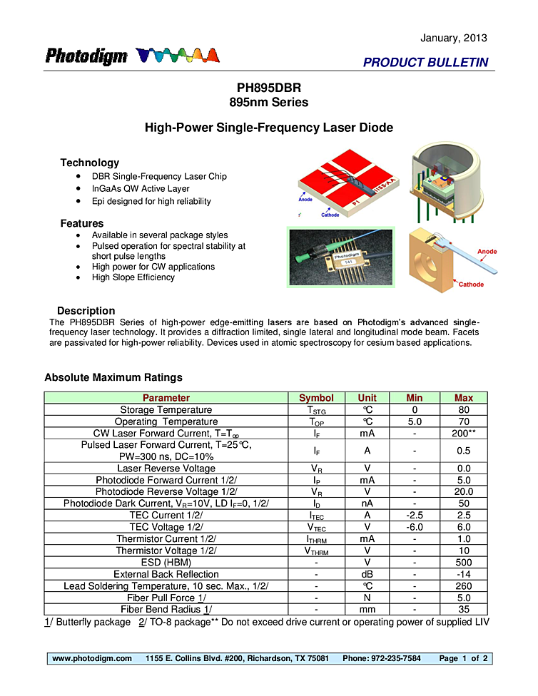 895nm, 280mW DBR Laser Diode