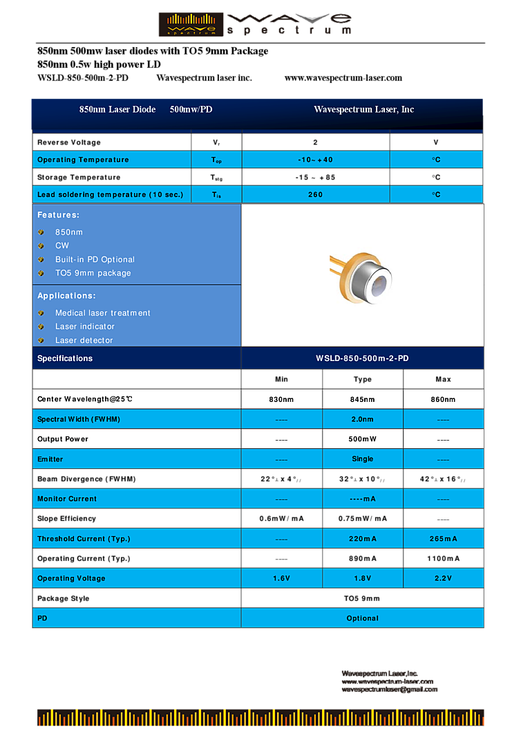 850nm, 500mW, 9mm TO-can