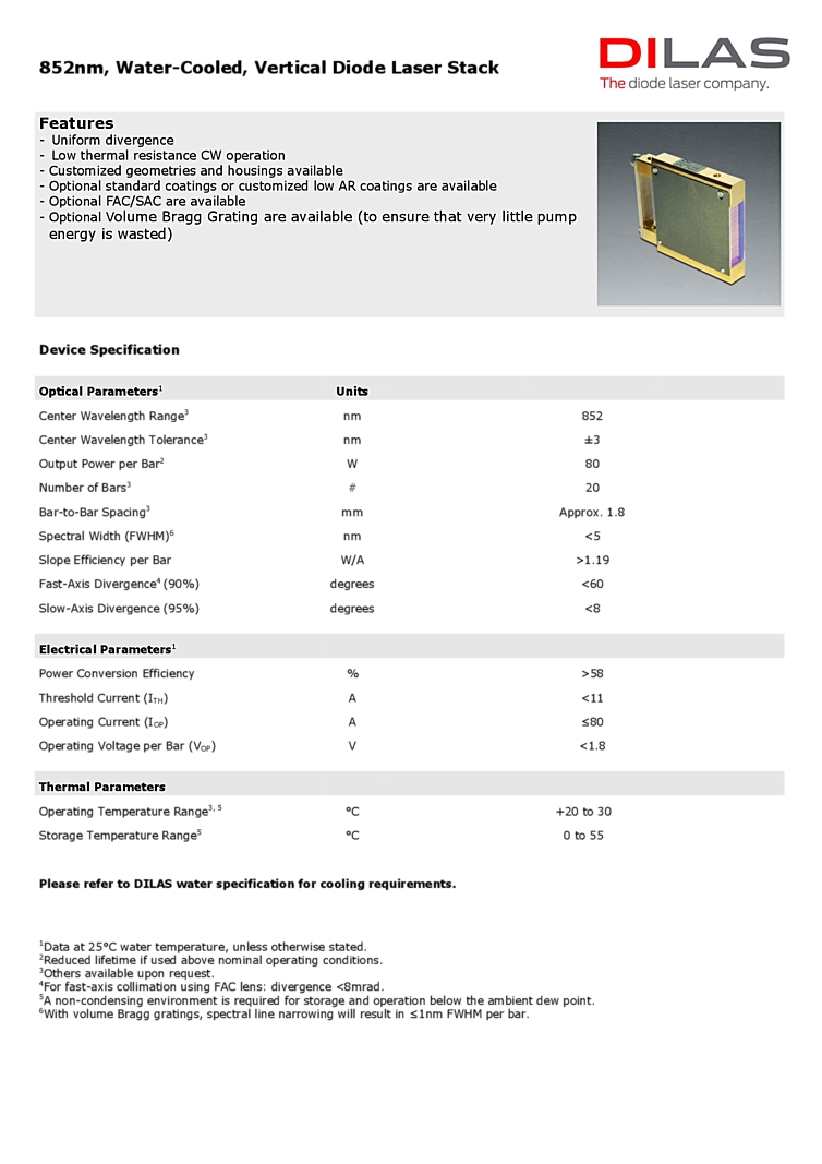 852nm, Vertical Diode Laser Stack