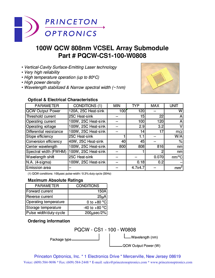 808nm, 100W, QCW VCSEL Array