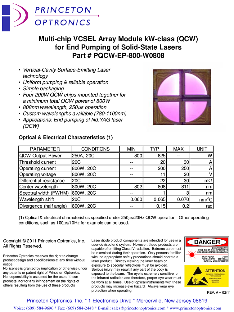 808nm, 200W, VCSEL Laser Array