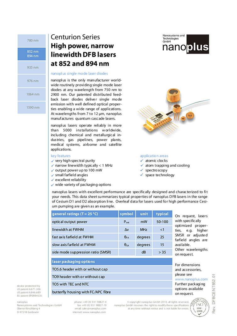 DFB lasers, 852nm, 894nm