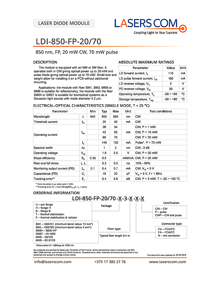 850nm Laser Diodes, 20mW