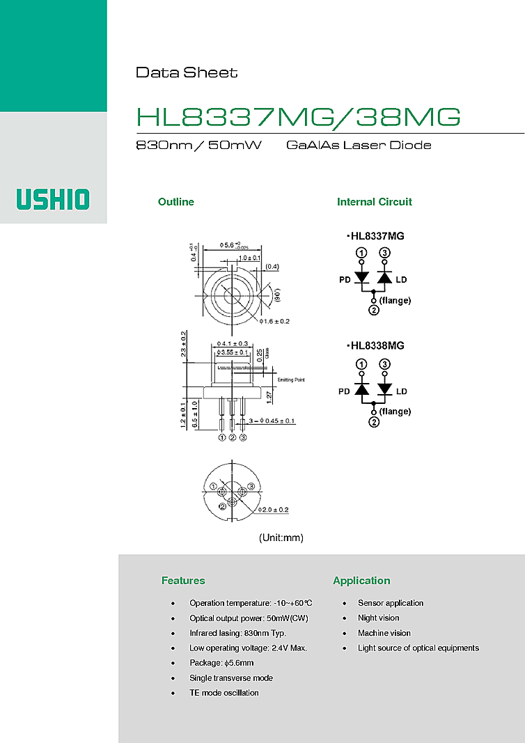 830nm GaAlAs Laser Diode, 50mW