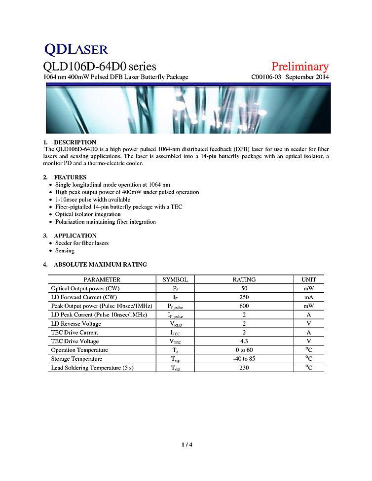 1064nm Laser Diode, DFB, 400mW