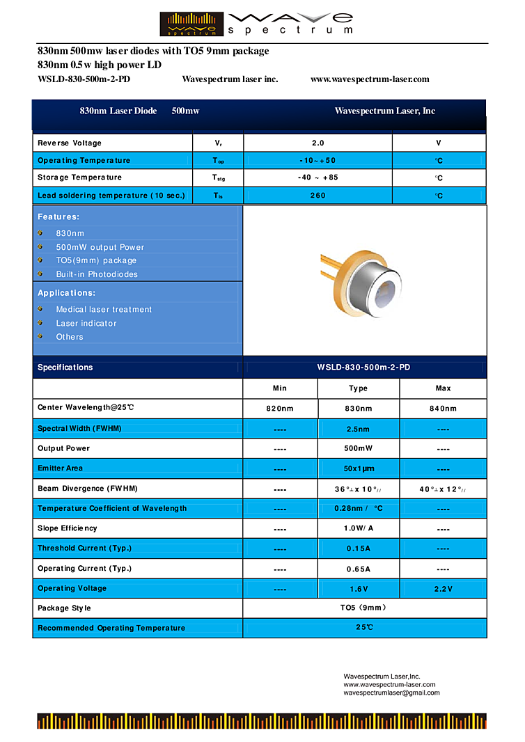 Near IR Laser, 830nm, 500mW