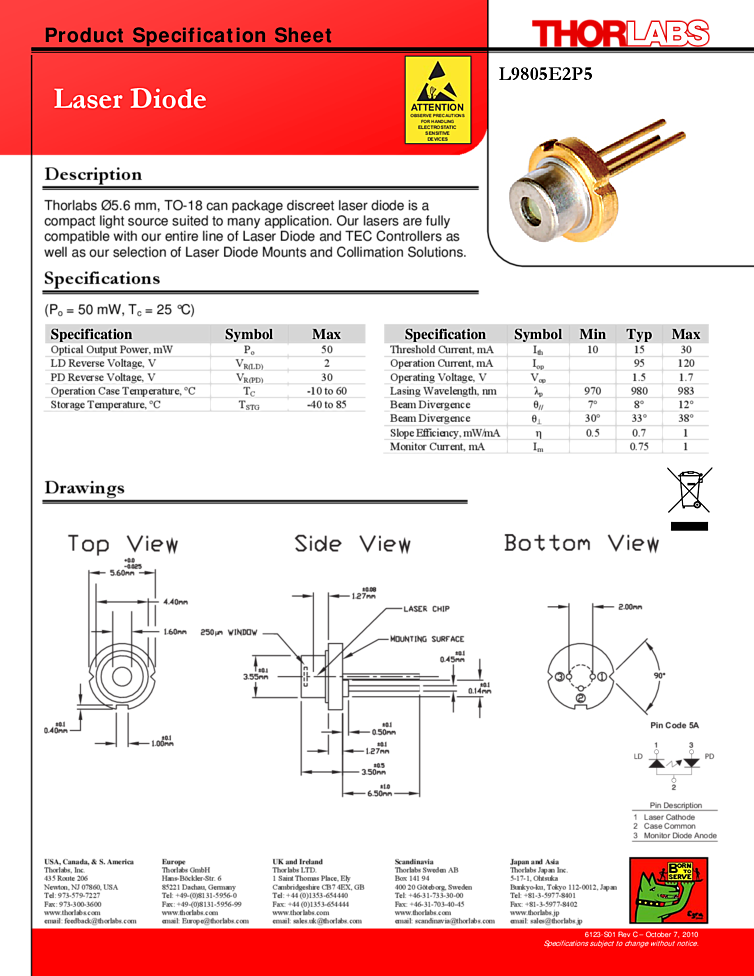 50mW, 980nm Diode Laser