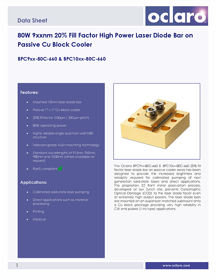 980nm, 20% Fill Factor Diode Bar