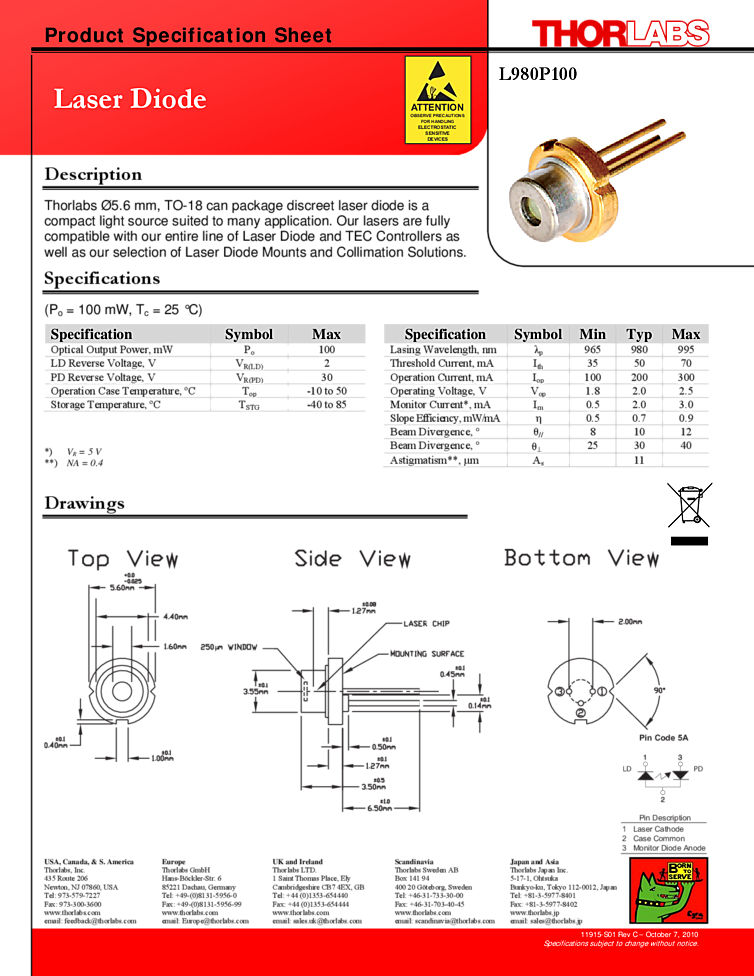 Near IR Laser Pump, 980nm, TO-can