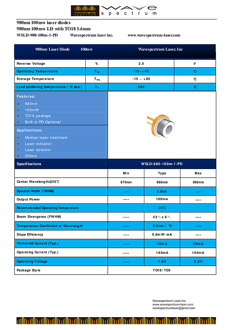 TO-can, 100mWatt, 980nm Diode