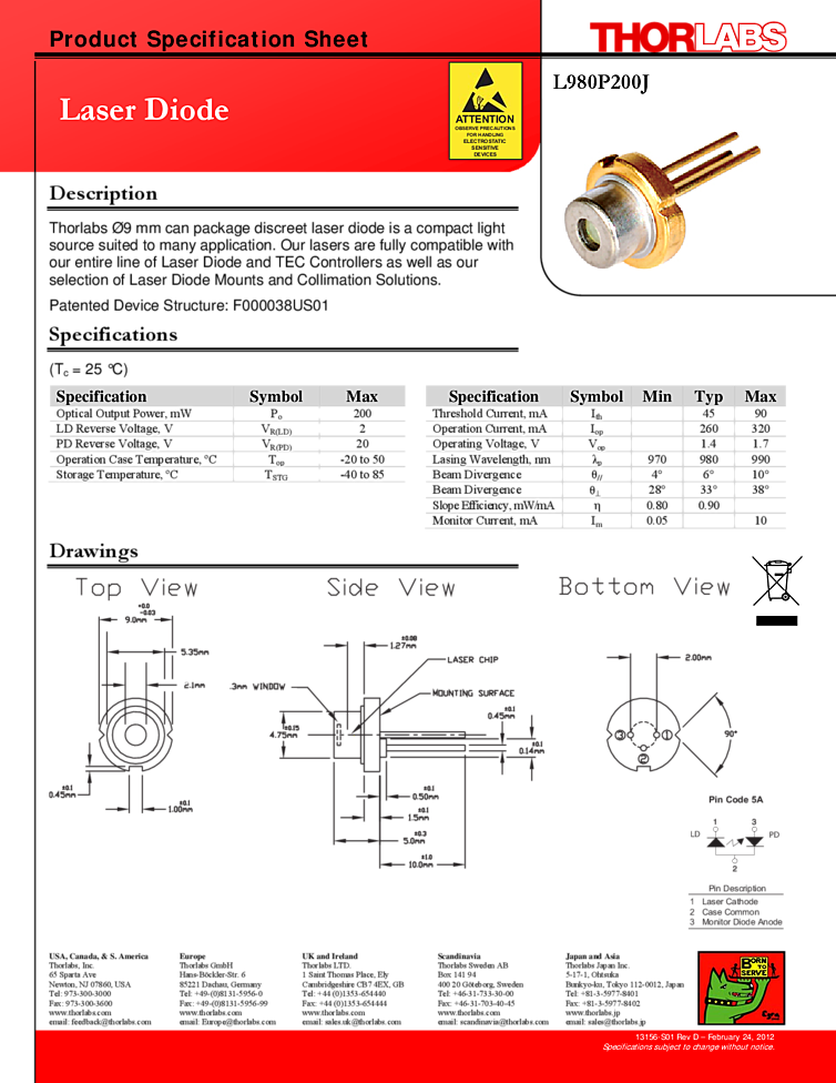 diode laser, 980nm, TO-18 can