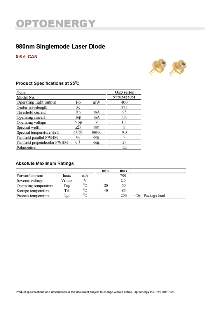 980nm 400mW IR Laser Pump Module