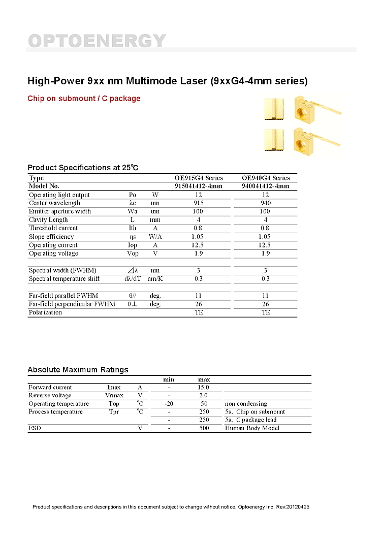 915nm Chip-on-Submount Diode Laser