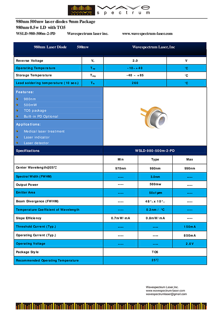 500mw laser, 980nm, 9mm can