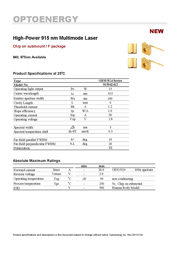 Laser Pump Module, 915nm, COS