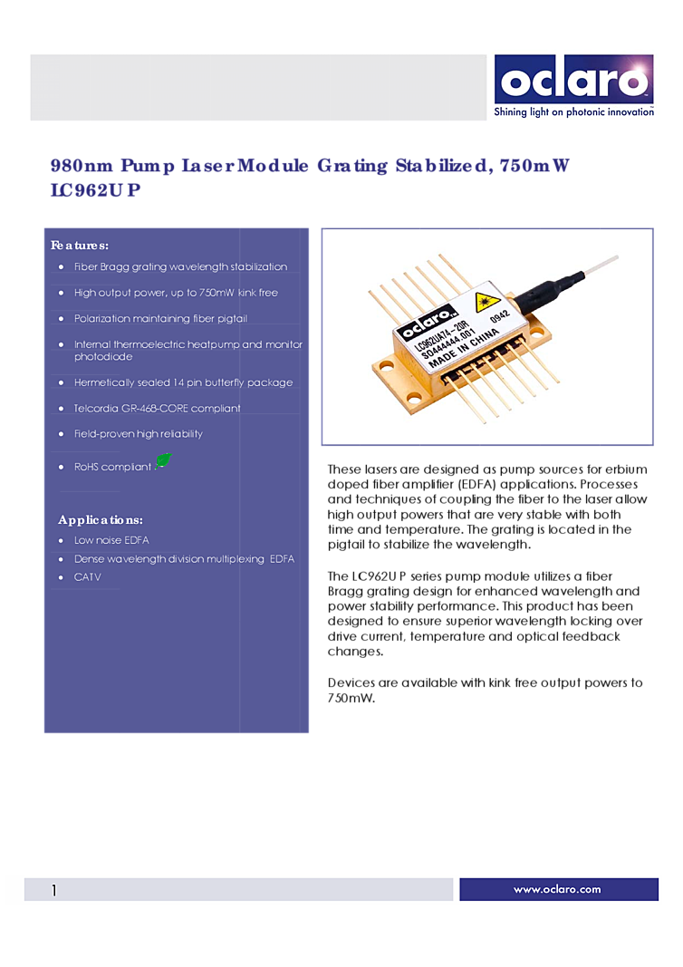 980nm DWDM EDFA Pumps, 750mW