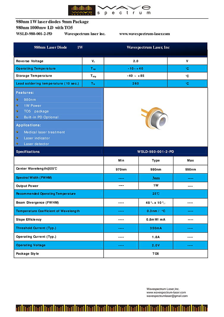 1000 mW Laser, 980nm TO-can