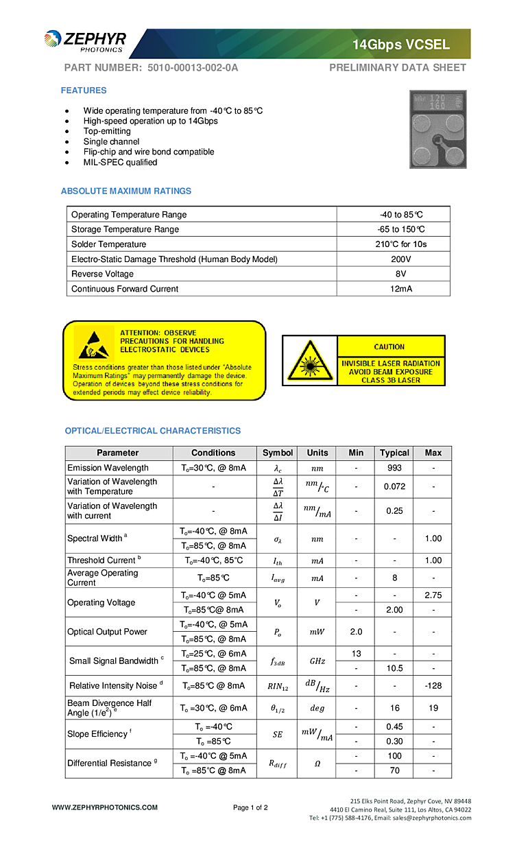 993nm, 2mW, 14Gbps VCSEL