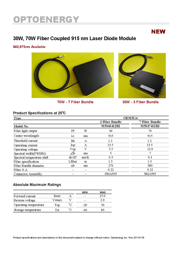 fiber coupled module, 70Watt 915nm