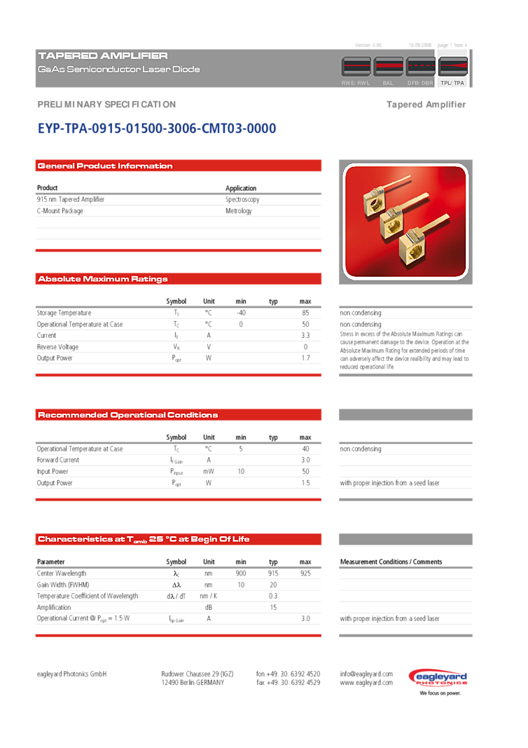 915nm Tapered Amplifier