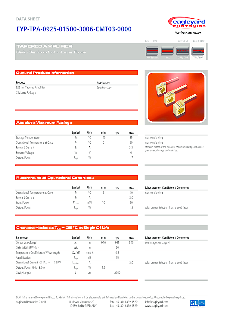 925nm, 1.7 Watt Tapered Amplifier
