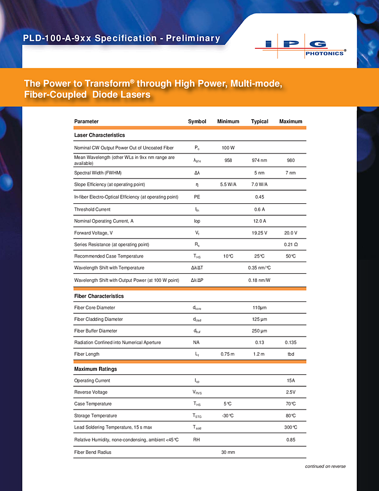 915 NM, 980 NM Laser Diode, 100W