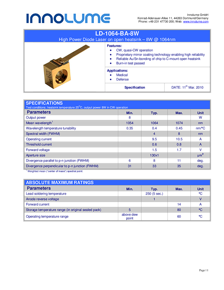1064nm Diode Laser, 8 Watt