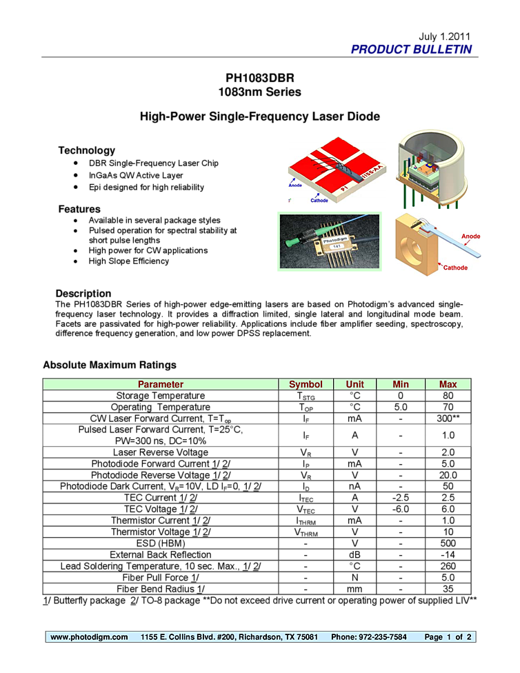1083nm, DBR Laser Diode Chip