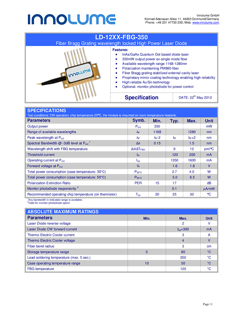 InAs/GaAs diode laser, 1168-1280nm
